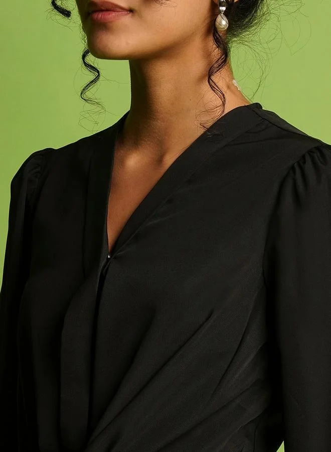 globus Globus Solid Wrap Balloon Sleeve Top with Tie-Up Detail