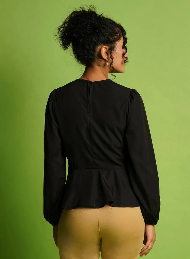 globus Globus Solid Wrap Balloon Sleeve Top with Tie-Up Detail