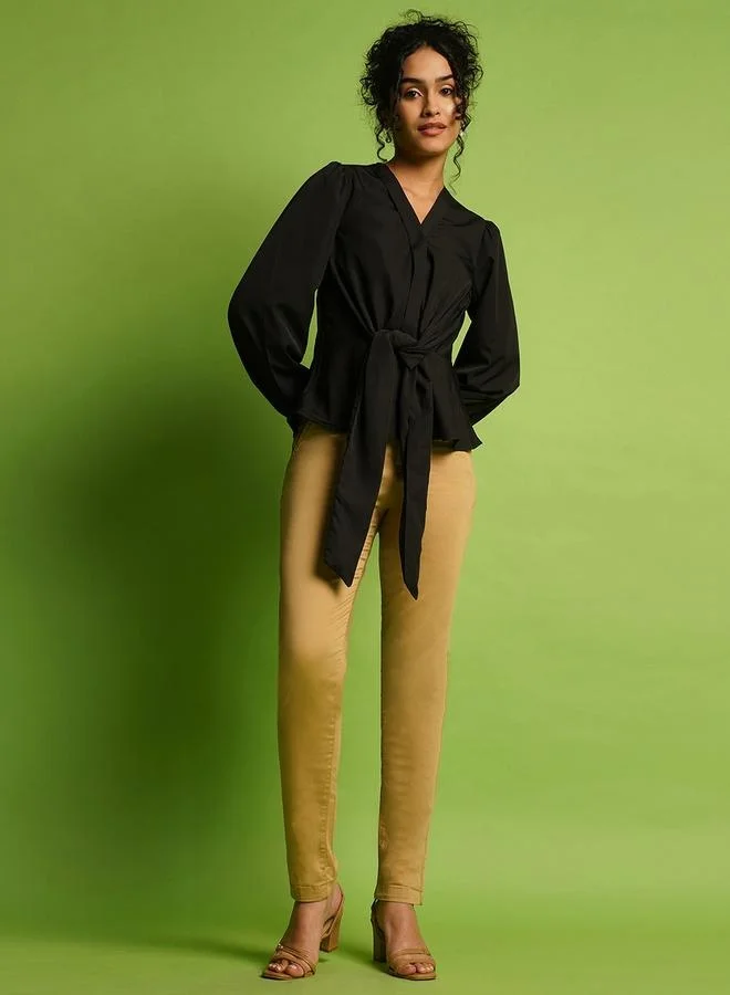 globus Globus Solid Wrap Balloon Sleeve Top with Tie-Up Detail