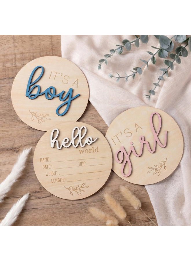 Giftacity Gender Reveal Sign for Baby Birth: 3Pcs It's A Boy Girl & Hello World Announcement Sign for Hospital - Wooden Newborn Welcome Board for New Boys and Girls - Image 1