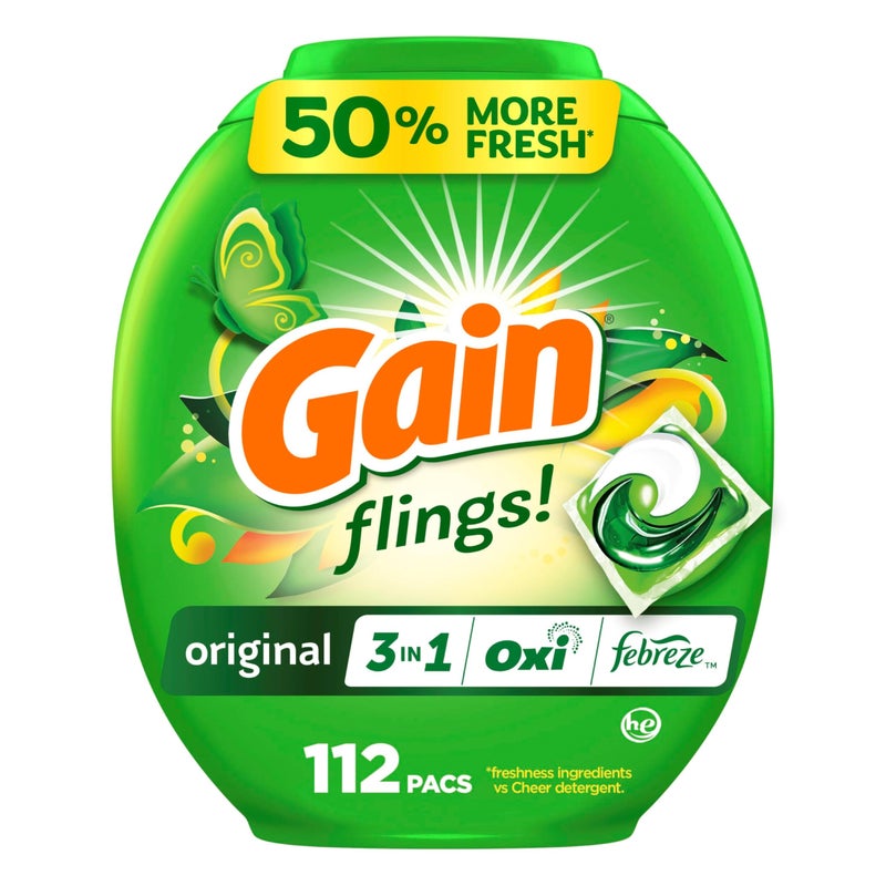 Gain Flings Laundry Detergent Pacs, Odor Defense, 112 Count, Original Scent, 3 in 1 HE Compatible Detergent Pacs with Oxi Boost and Febreeze - Image 1