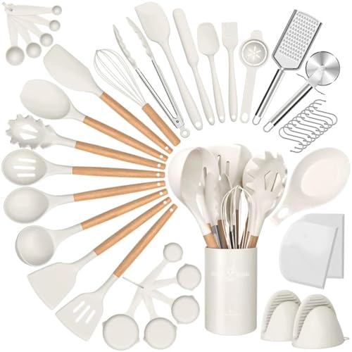 Silicone Cooking Utensils Set 43Pcs NonStick Heat Resistant Kitchen Utensils Spatula Set with Wooden Handle for Baking Cooking and Mixing Best Kitchen Gadgets Tools with Holder White