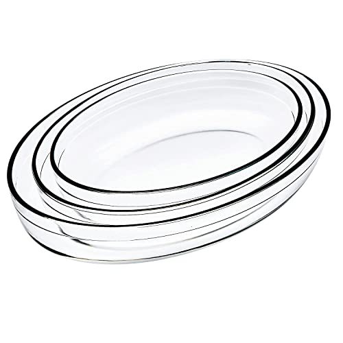 Red-Rubby Glass Baking Dish Serving Tray, Transparent, Microwave Oven Dishwasher Freezer Safe, Oval (Set of 3 - Small, Medium & Big) - Image 1