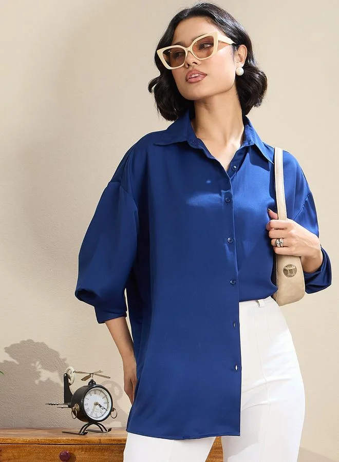 SASSAFRAS Royal Blue Satin Oversized Curved Hem Shirt
