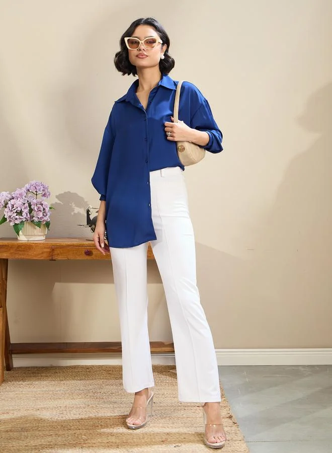 SASSAFRAS SASSAFRAS Royal Blue Satin Oversized Curved Hem Shirt