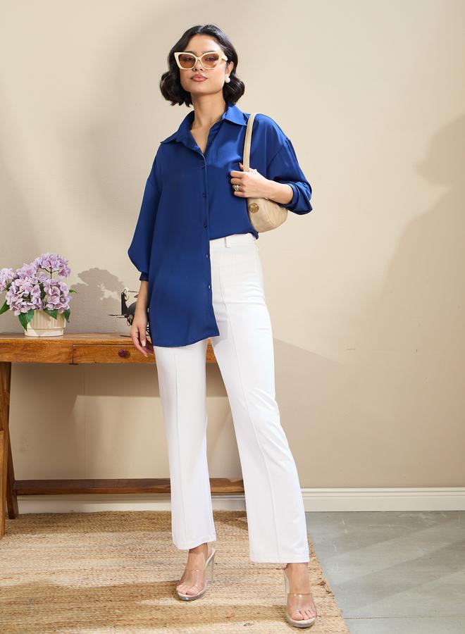 SASSAFRAS Royal Blue Satin Oversized Curved Hem Shirt - Image 2