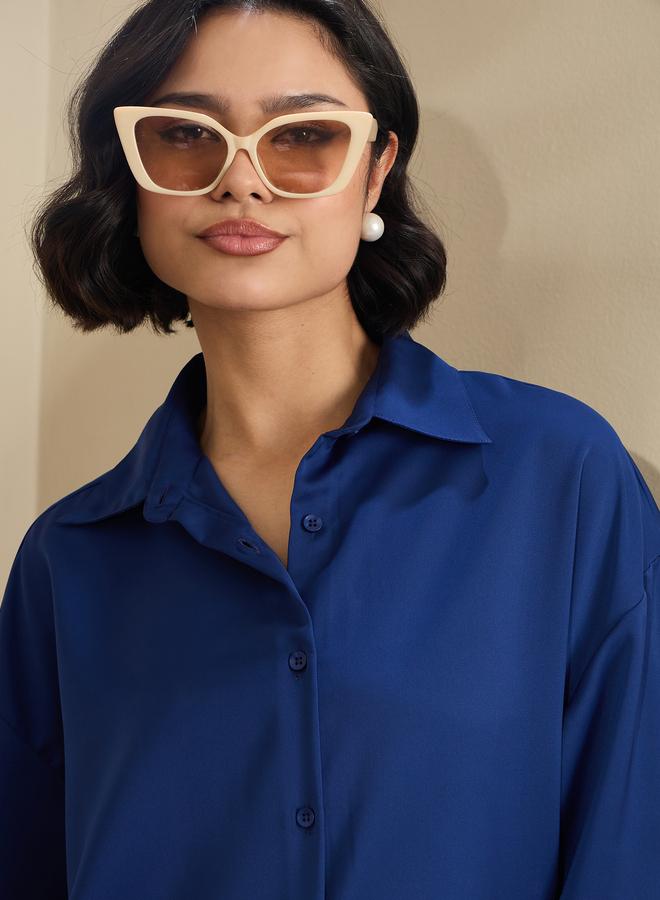 SASSAFRAS Royal Blue Satin Oversized Curved Hem Shirt - Image 4
