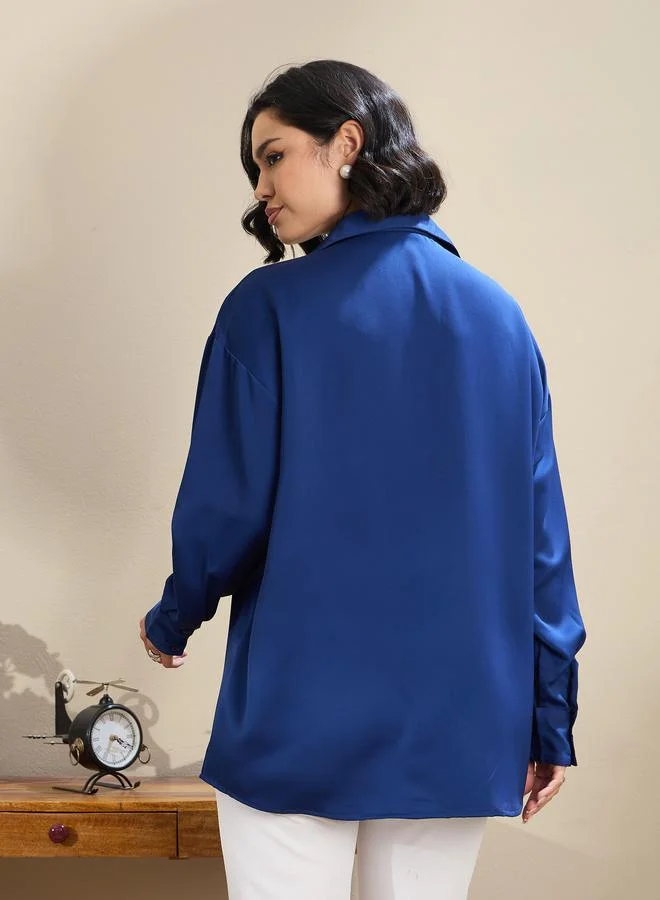 Sassafras  SASSAFRAS Royal Blue Satin Oversized Curved Hem Shirt for Women | Best Price UAE