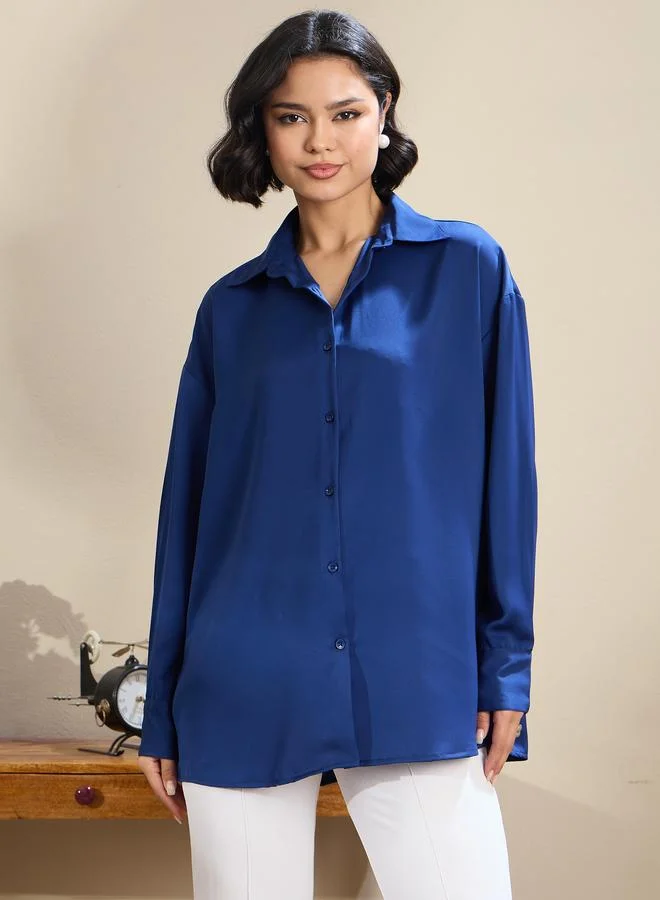 Sassafras  SASSAFRAS Royal Blue Satin Oversized Curved Hem Shirt for Women | Best Price UAE