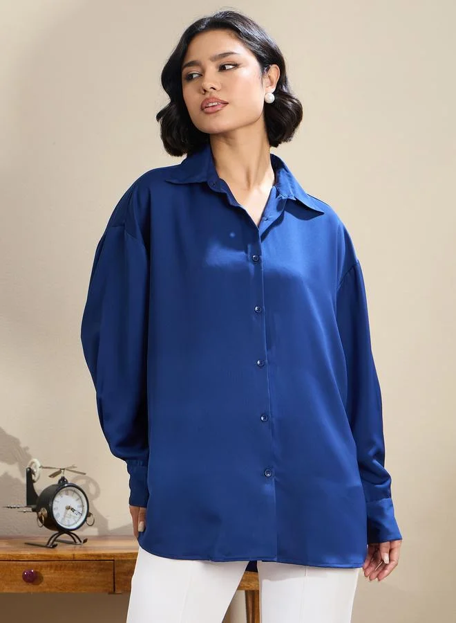 Sassafras  SASSAFRAS Royal Blue Satin Oversized Curved Hem Shirt for Women | Best Price UAE