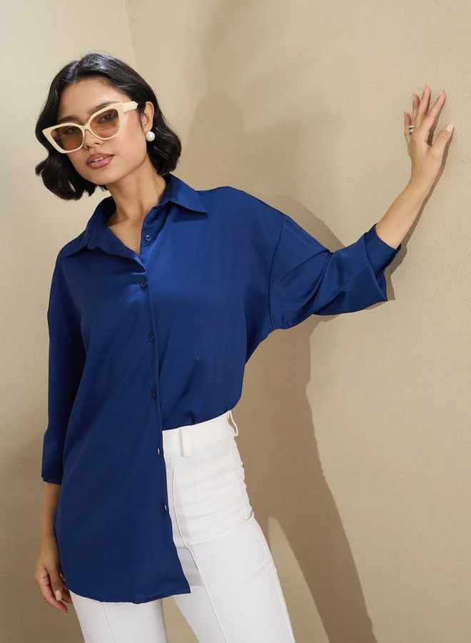 SASSAFRAS SASSAFRAS Royal Blue Satin Oversized Curved Hem Shirt