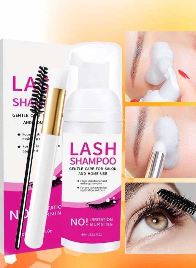 Hllozzi 60ml Eyelash Shampoo Eyelash Extension Cleanser Kit Lash Cleaning Kit with Brushes Lash Cleanser for Extensions Perfect Eyelash Extension Foam Makeup Remover Eyelash Extension Shampoo - Image 1