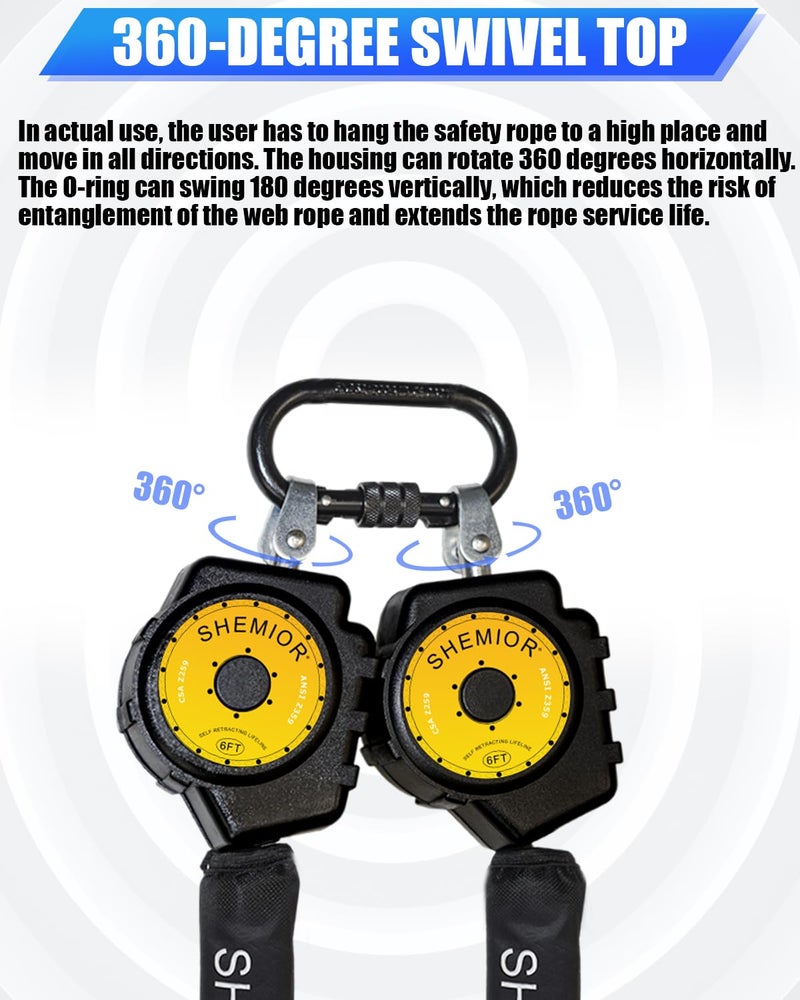SHEMIOR 6FT Twin-Leg Self Retracting Lifeline, Swivel Top Lightweight Housing, Web SRL ANSI Self Retractable Safety Lanyard, Fall Arrest Protection Gear for Roofing Construction, Rebar Hook - Image 3