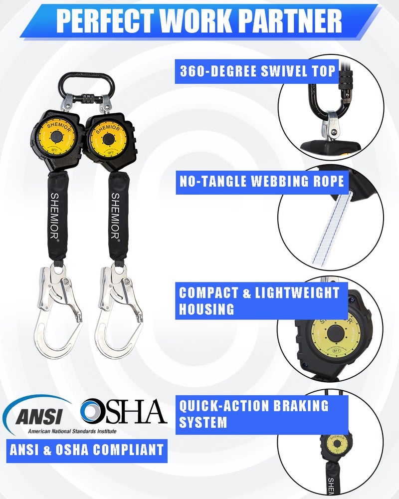 SHEMIOR 6FT Twin-Leg Self Retracting Lifeline, Swivel Top Lightweight Housing, Web SRL ANSI Self Retractable Safety Lanyard, Fall Arrest Protection Gear for Roofing Construction, Rebar Hook - Image 2