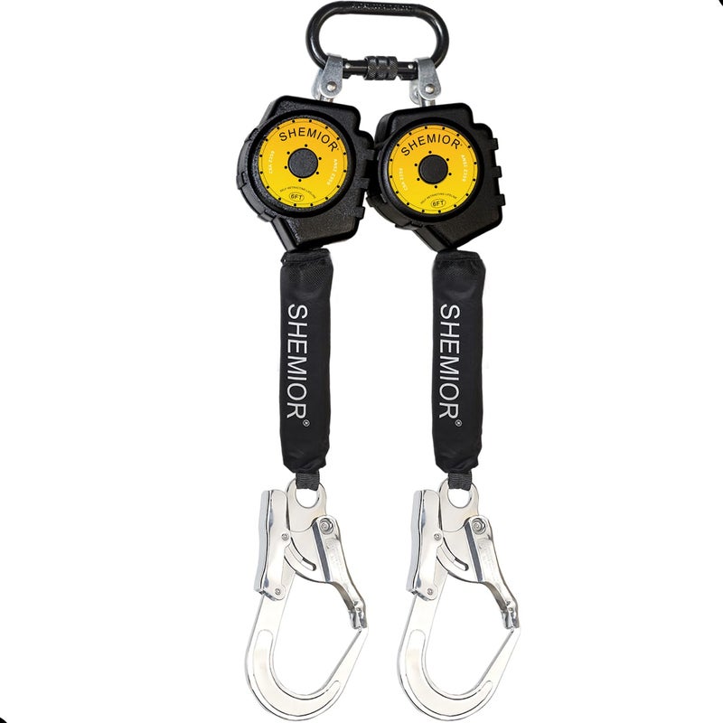 SHEMIOR 6FT Twin-Leg Self Retracting Lifeline, Swivel Top Lightweight Housing, Web SRL ANSI Self Retractable Safety Lanyard, Fall Arrest Protection Gear for Roofing Construction, Rebar Hook - Image 1