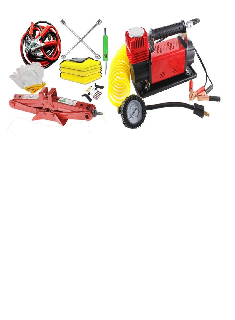 California formula-T California Extreme Double Cylinder Heavy Duty Car Air Compressor 150L/M Include Car Jack 1.5 Ton Booster Cable 500Amp 2.5 Mtr Deflator Cleaning Towels 3pcs 40x40cm & Gloves, Carry Bag Combo Pack - Image 1