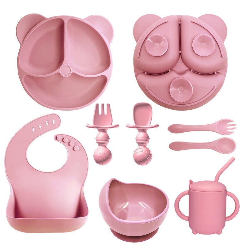 Silicone Baby Dining Set Soft Bib Bowl SpoonDeep Powder -8 Pieces Bear Plate + Snail Bowl + Suction Cup + Bib + Silicone Long Fork Spoon + Ball Short Fork Spoon Deep Powder -8 Pieces Bear Plate + Snail Bowl + Suction Cup + Bib + Silicone Long Fork Spoon + Ball Short Fork Spoon