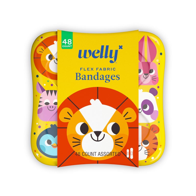 Welly Bandages Adhesive Flexible Fabric Bravery Badges Assorted Shapes for Minor Cuts Scrapes and Wounds Colorful and Fun First Aid Tin Zoo Animals Patterns 48 Count