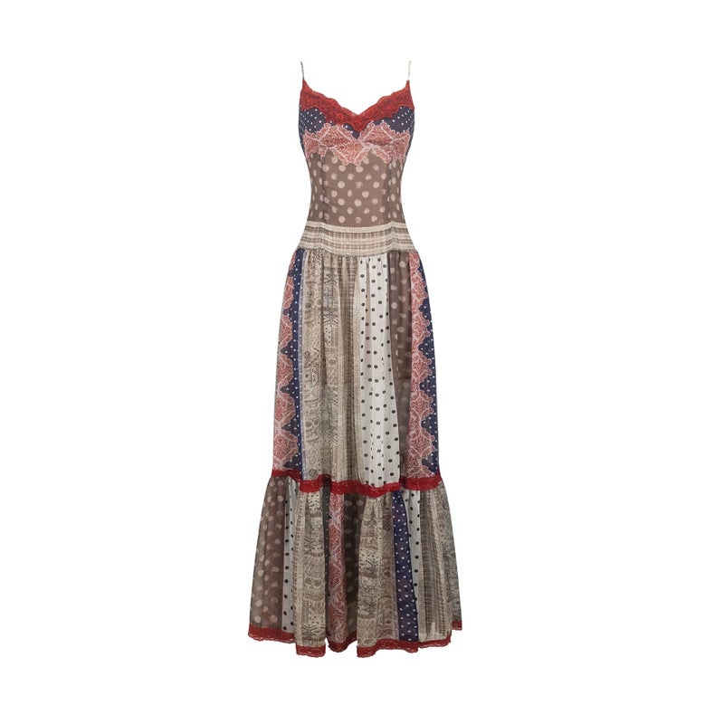 Wooha Summer 2026 Vintage Print Patchwork Long Strap Dress - Image 5