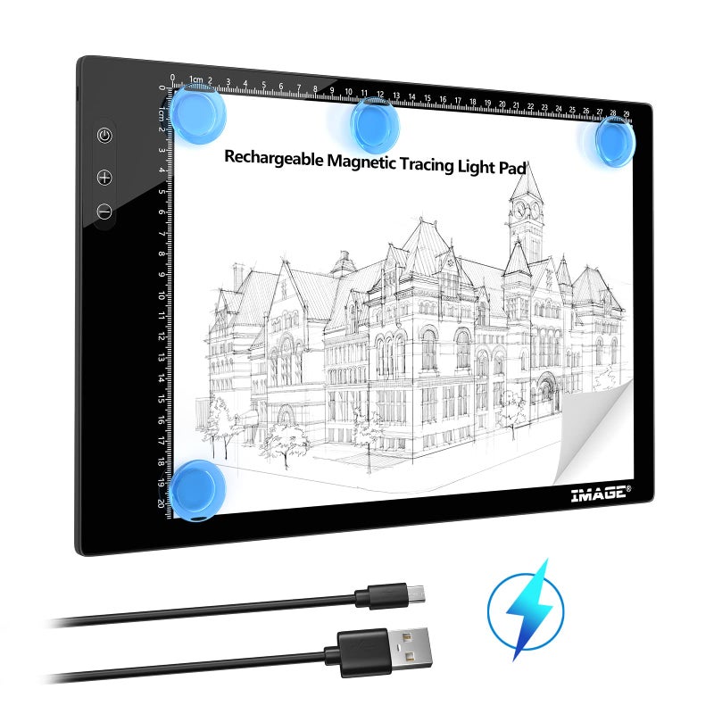 Image Rechargeable Magnetic A4 LED Light pad, IMAGE Tracing Pad, Ultra-Thin USB Powered with Memory Function Light Box, Great for Diamond Painting, Animation, Tattoo, Sketching and Design (6000K Black) - Image 1