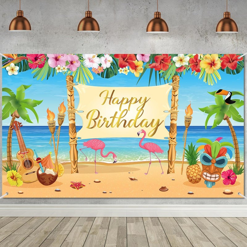 Containlol Summer Hawaiian Birthday Backdrop Luau Birthday Party Decorations Aloha Banner Luau Party Backdrop Tropical Flamingo Pool Beach Party Decoration for Hawaii Themed Photo Props Supplies - Image 1