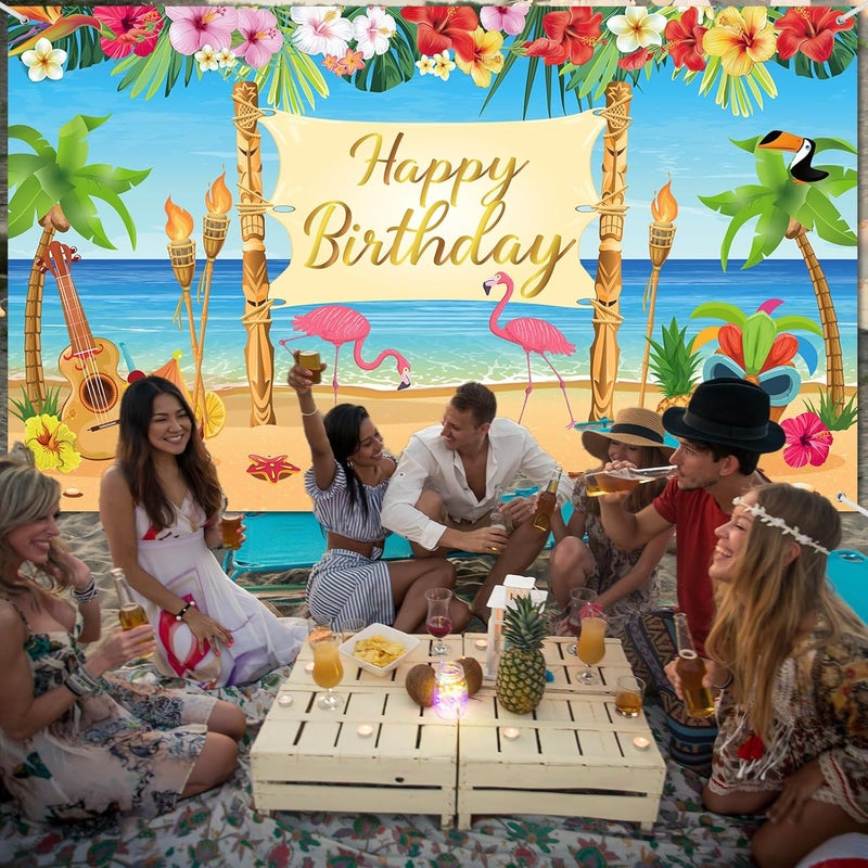 Containlol Summer Hawaiian Birthday Backdrop Luau Birthday Party Decorations Aloha Banner Luau Party Backdrop Tropical Flamingo Pool Beach Party Decoration for Hawaii Themed Photo Props Supplies - Image 5