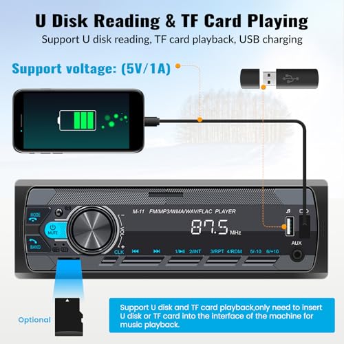SIXWIN Single Din Car Stereo with Bluetooth 5.0 Hands Free Calling Voice Control Car Stereo FM Radio Car Mp3 Player USB AUX Port Audio Recording Car Audio System Car Audio Receivers - Image 4