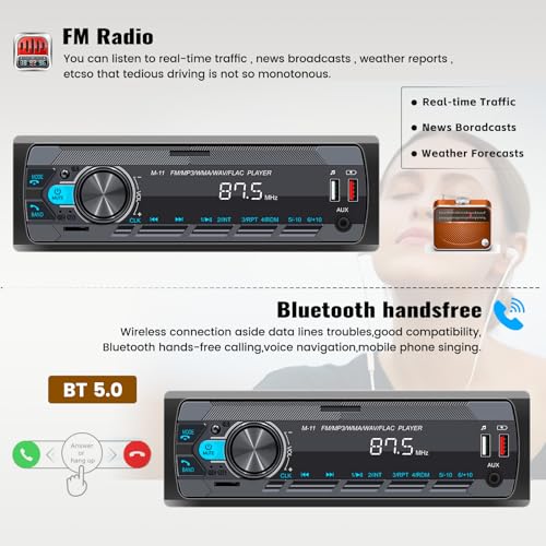 SIXWIN Single Din Car Stereo with Bluetooth 5.0 Hands Free Calling Voice Control Car Stereo FM Radio Car Mp3 Player USB AUX Port Audio Recording Car Audio System Car Audio Receivers - Image 3