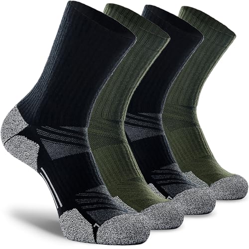 CWVLC Hiking Crew Socks, 4-Pack Men Women Boot Socks for Walking, Hunting, Camping, Winter Outdoor Work, Cosy Cushion, Moisture Wicking, Arch Compression, Anti Blister, X-Large, Black Green - Image 1