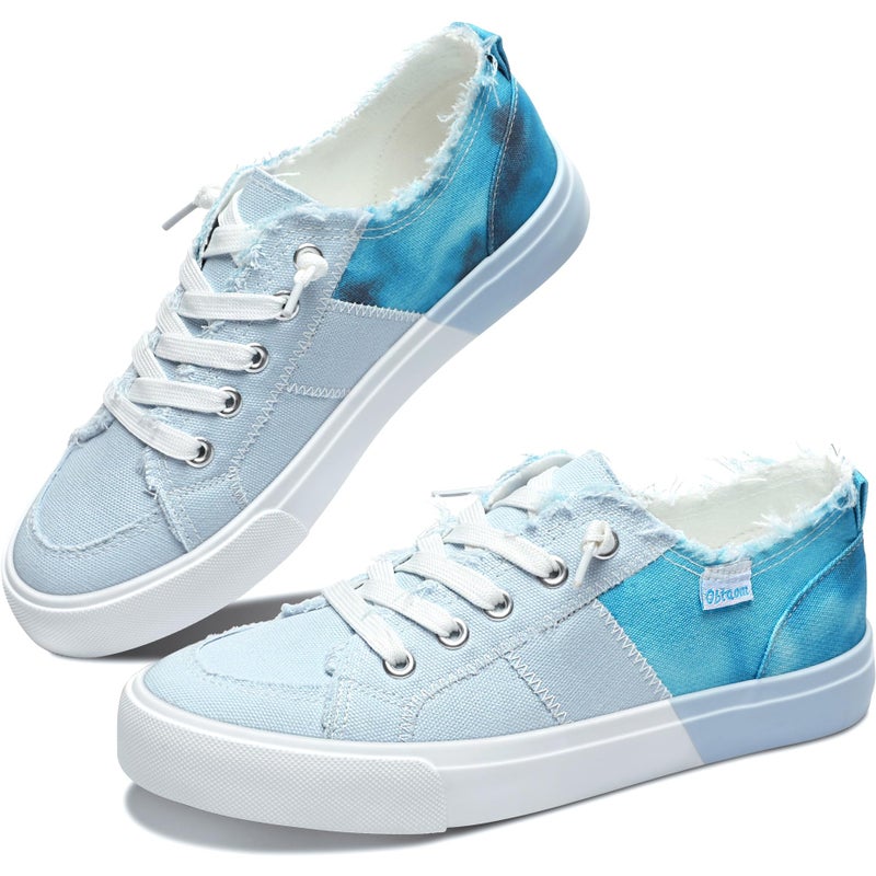 Obtaom Womens Colour Blocking Play Canvas Sneakers Cute Tie Dye Splicing Slip on Shoes Comfortable Multi Walking Shoes for Lady(Light Blue,US9) - Image 1