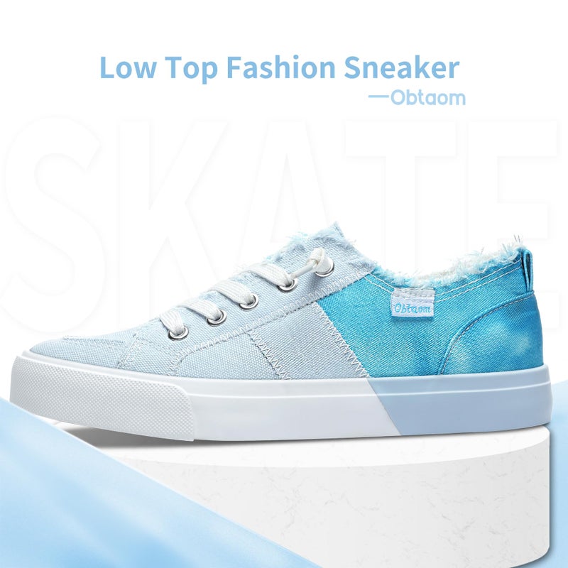 Obtaom Womens Colour Blocking Play Canvas Sneakers Cute Tie Dye Splicing Slip on Shoes Comfortable Multi Walking Shoes for Lady(Light Blue,US9) - Image 4