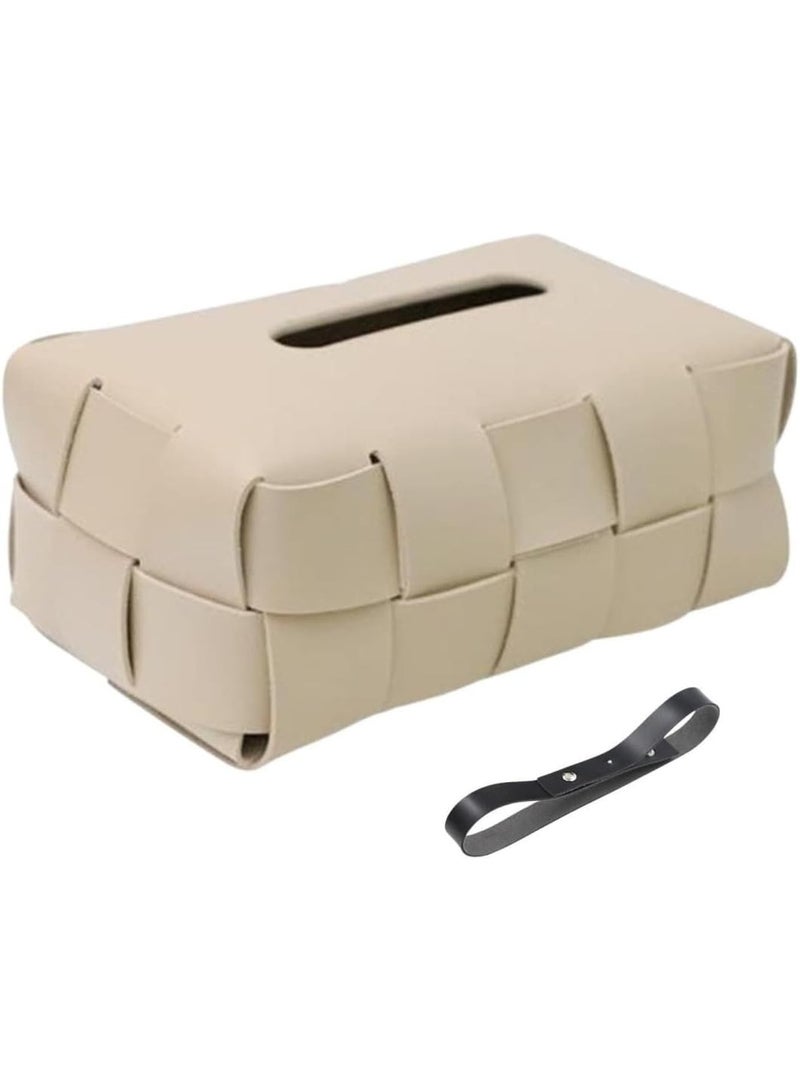 Tissue Box Cover Leather Checkerboard Woven Tissue Box Living Room Dining Tissue Box Kitchen Bathroom Car Tissue Bag (Light Brownes) - Image 1