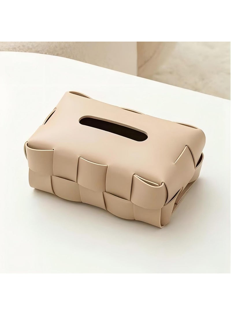 Tissue Box Cover Leather Checkerboard Woven Tissue Box Living Room Dining Tissue Box Kitchen Bathroom Car Tissue Bag (Light Brownes) - Image 5