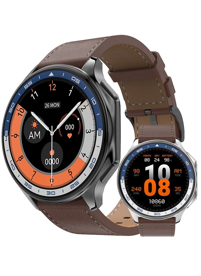 RollsTimi  - Men's Bluetooth Smartwatch, 1.43 Inch Full Screen Touch, Long Standby, Multiple Sports Modes, Heart Rate And Sleep Monitoring, Multi Language Selection, Brown Leather Strap DT Watch X - Image 1