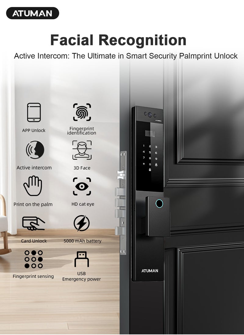 ATuMan Smart Door with Camera,Smart Door Lock,Palm Vein unlock 3D Facial Recognition,Real-Time Monitor,Two-Way Intercom,CNC Material,Tuya WiFi APP Control,Emergency USB Power  - Image 2