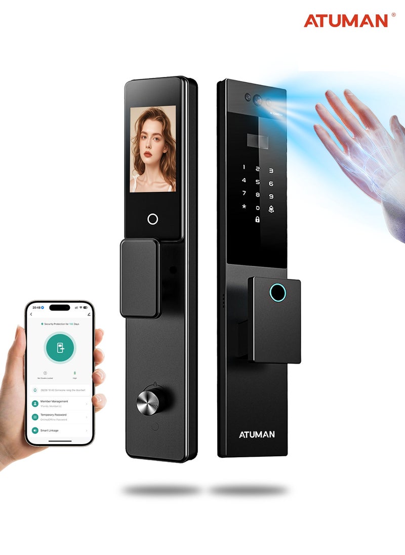 ATuMan Smart Door with Camera,Smart Door Lock,Palm Vein unlock 3D Facial Recognition,Real-Time Monitor,Two-Way Intercom,CNC Material,Tuya WiFi APP Control,Emergency USB Power  - Image 1