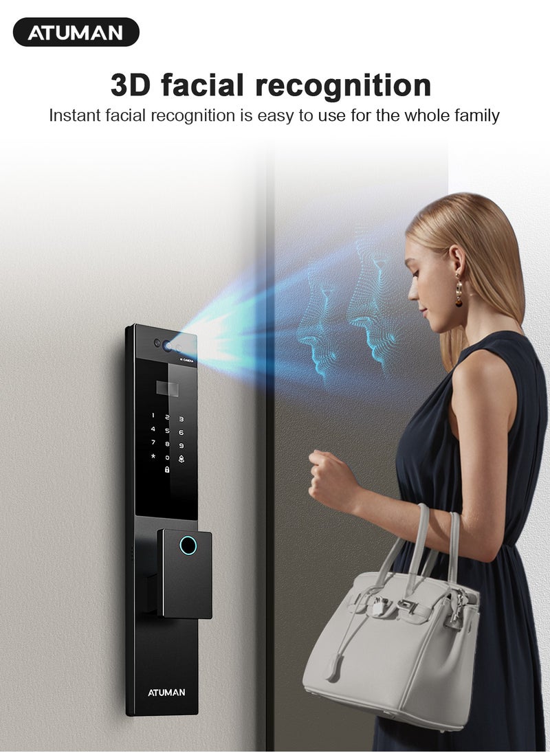 ATuMan Smart Door with Camera,Smart Door Lock,Palm Vein unlock 3D Facial Recognition,Real-Time Monitor,Two-Way Intercom,CNC Material,Tuya WiFi APP Control,Emergency USB Power  - Image 3