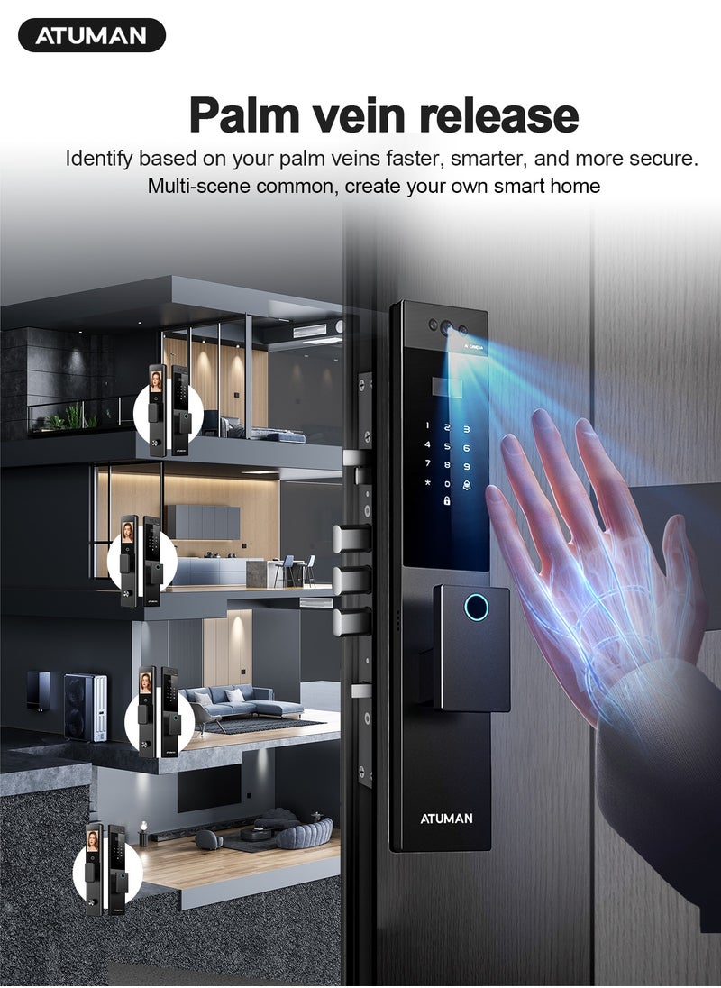 ATuMan Smart Door with Camera,Smart Door Lock,Palm Vein unlock 3D Facial Recognition,Real-Time Monitor,Two-Way Intercom,CNC Material,Tuya WiFi APP Control,Emergency USB Power  - Image 4
