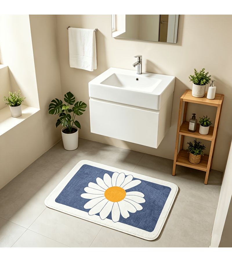 Fluffy Gray Non Slip Bath Mat With Cute Daisy Pattern 17.7 By 27.5 Inch Absorbent Quick Drying Bathroom Mat For Shower Toilet And Kitchen Use Easy Clean Home Decor - Image 2