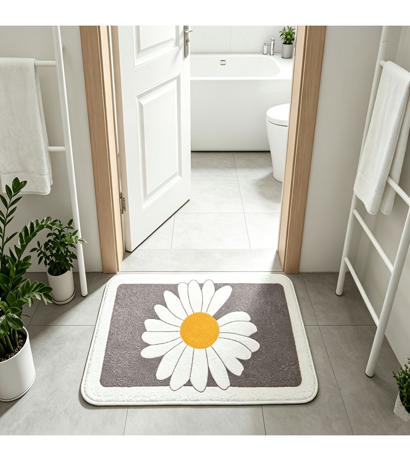 Fluffy Gray Non Slip Bath Mat With Cute Daisy Pattern 17.7 By 27.5 Inch Absorbent Quick Drying Bathroom Mat For Shower Toilet And Kitchen Use Easy Clean Home Decor - Image 1