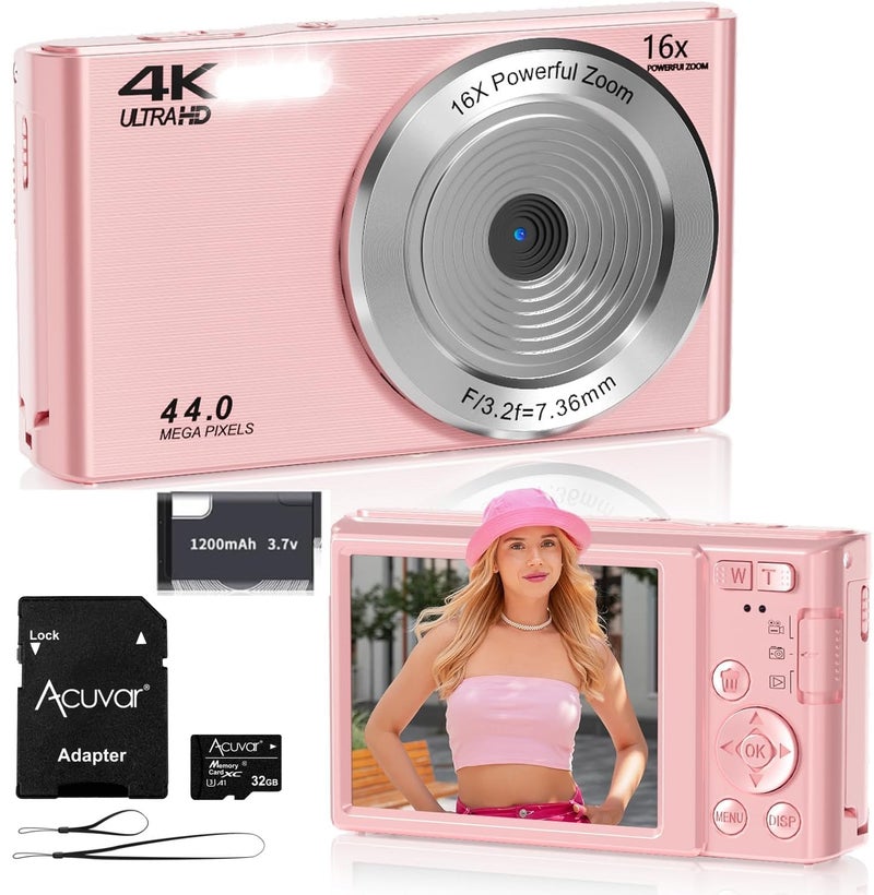 Acuvar 44MP 4K Digital Camera 16X Zoom, 2.4" Screen, 32GB Micro SD Card - Compact Digital Point and Shoot Camera for Kids, Teens, Students, Travel, Vlogging Camera (Pink) - Image 1