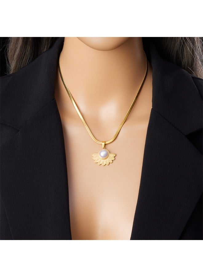 آنا قلادة سلسلة من الفولاذ المقاوم للصدأ مطلية بالذهب مع قلادة ريش على شكل مروحة مرصعة باللؤلؤ - Image 3