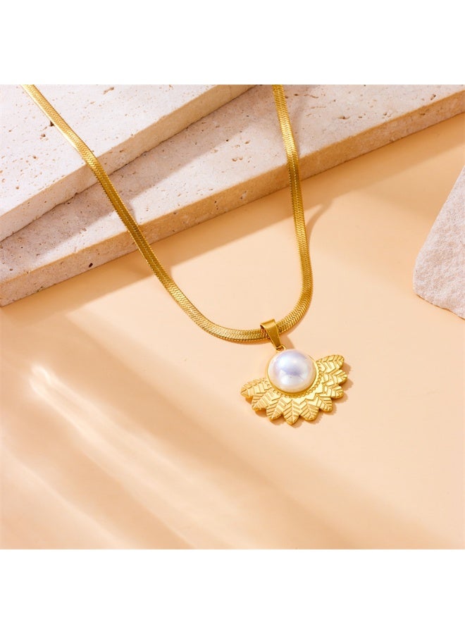 آنا قلادة سلسلة من الفولاذ المقاوم للصدأ مطلية بالذهب مع قلادة ريش على شكل مروحة مرصعة باللؤلؤ - Image 5