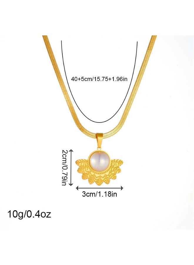 آنا قلادة سلسلة من الفولاذ المقاوم للصدأ مطلية بالذهب مع قلادة ريش على شكل مروحة مرصعة باللؤلؤ - Image 2