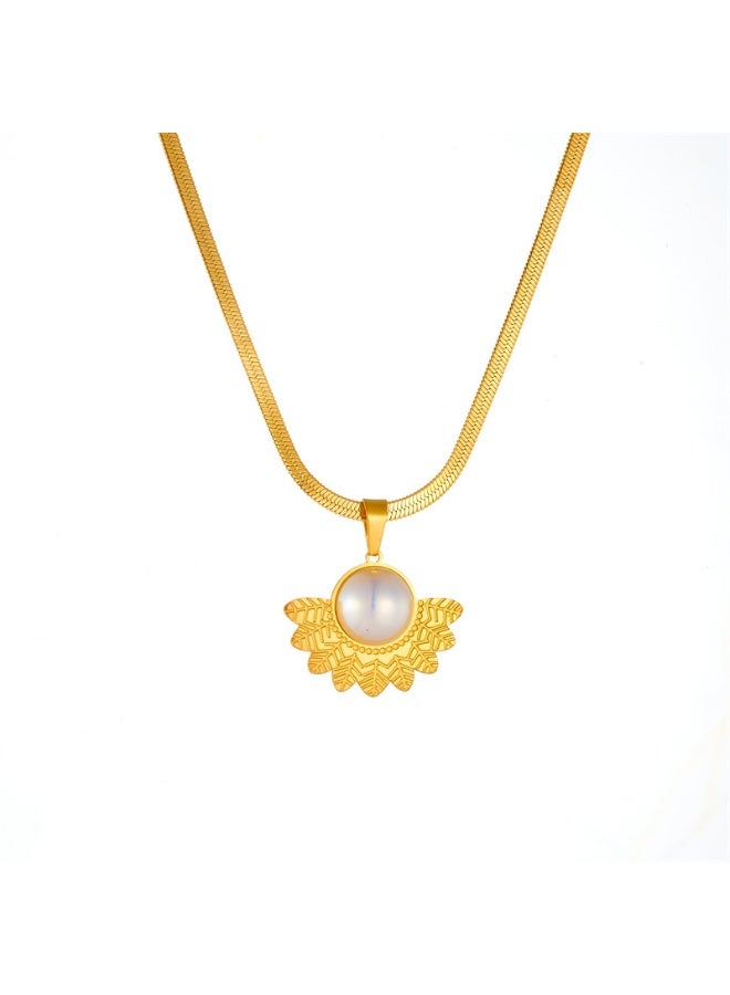 آنا قلادة سلسلة من الفولاذ المقاوم للصدأ مطلية بالذهب مع قلادة ريش على شكل مروحة مرصعة باللؤلؤ - Image 1