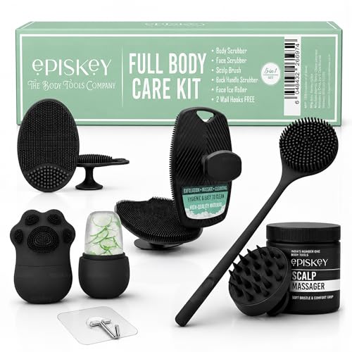 Episkey Soft Silicone Back Scrubber Long Handle Bath Brush + Body Scrubber Bath Brush + Scalp Massager for Hair + Face Scrubber Brush + Ice Face Roller Combo, Super-Exfoliating & Lathering Body Scrubber, Shower Brush | BPA-Free | for Men and Women (With A Free Hook 2-pcs) - Image 1