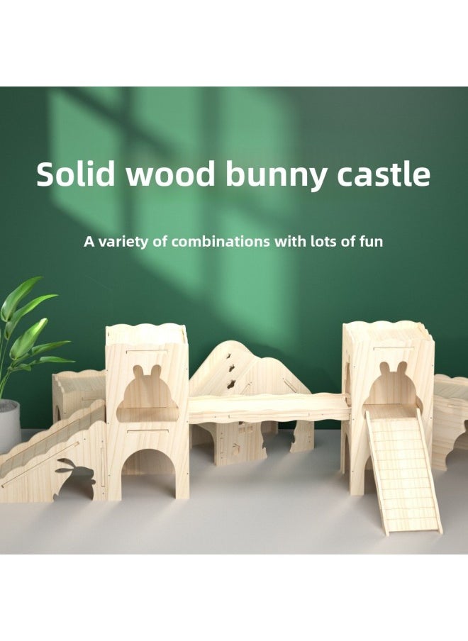 Pet Toys Dwarf Rabbit Wooden Castle Tunnel Boredom Shelter House Supplies Furniture Nest Chinchilla Unpainted Staircase-Color:Double Layer Castle  - Image 2