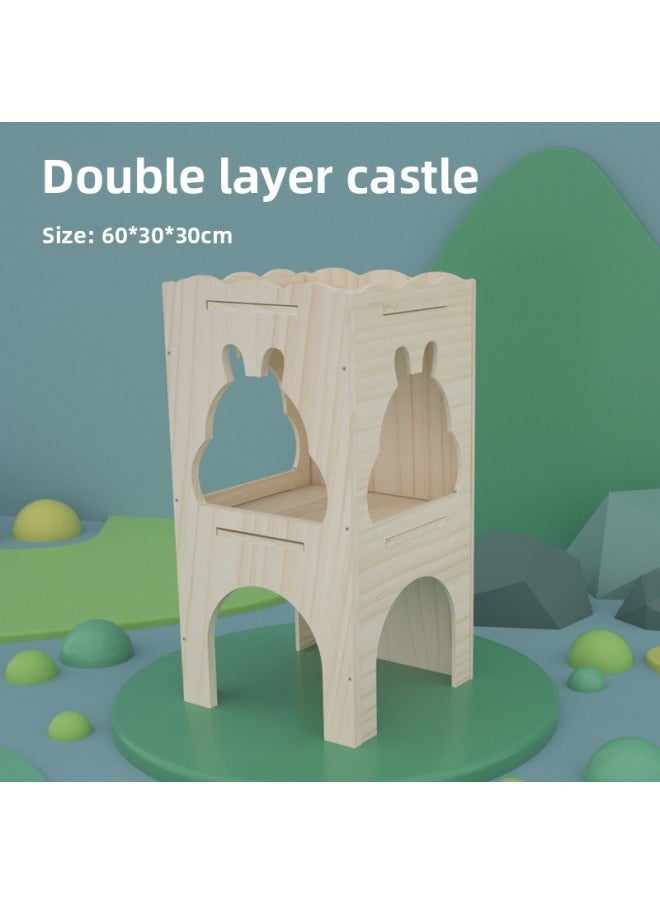 Pet Toys Dwarf Rabbit Wooden Castle Tunnel Boredom Shelter House Supplies Furniture Nest Chinchilla Unpainted Staircase-Color:Double Layer Castle  - Image 1