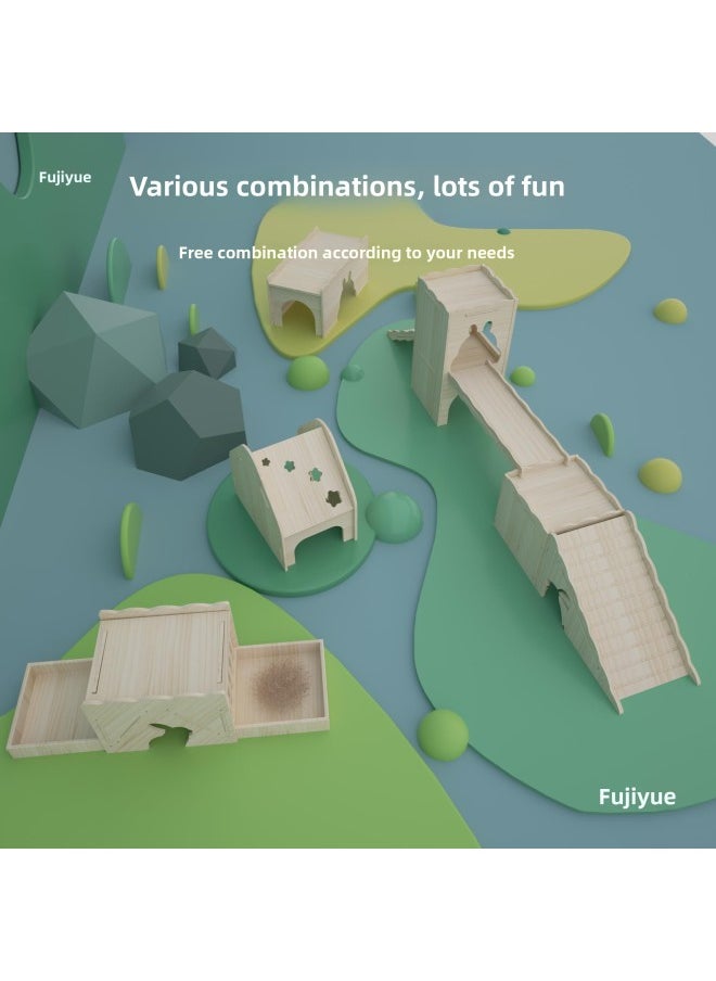 Pet Toys Dwarf Rabbit Wooden Castle Tunnel Boredom Shelter House Supplies Furniture Nest Chinchilla Unpainted Staircase-Color:Double Layer Castle  - Image 3