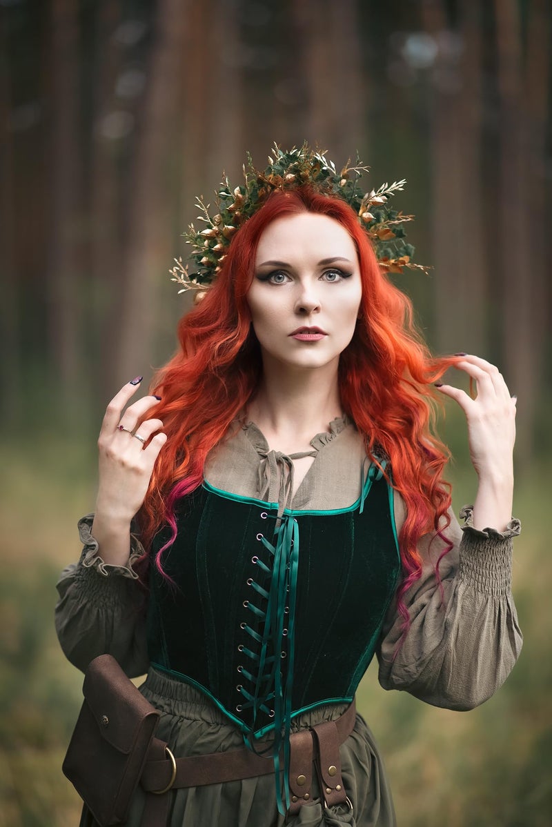 MOSTORY Handmade Woodland Halo Crown - Forest Headband Flower Hairband Goddess Floral Crown for Women s Cosplay Party Renaissance Carnival Wedding Photo Shoot Gold Green - Image 2